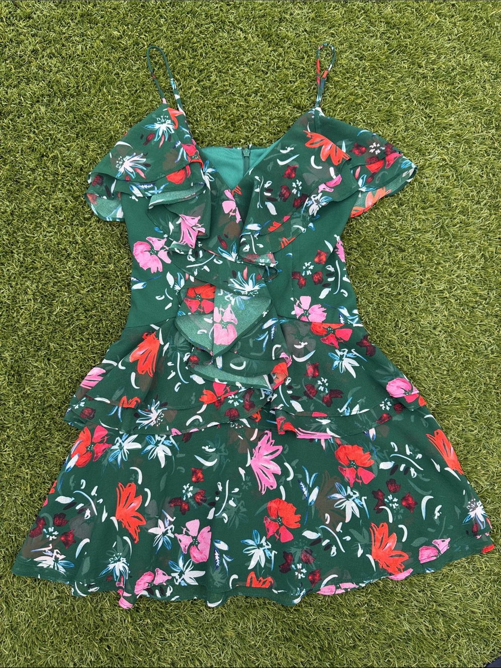 C/MEO Collective Green Floral Ruffle Sundress with Pink & Red Accents